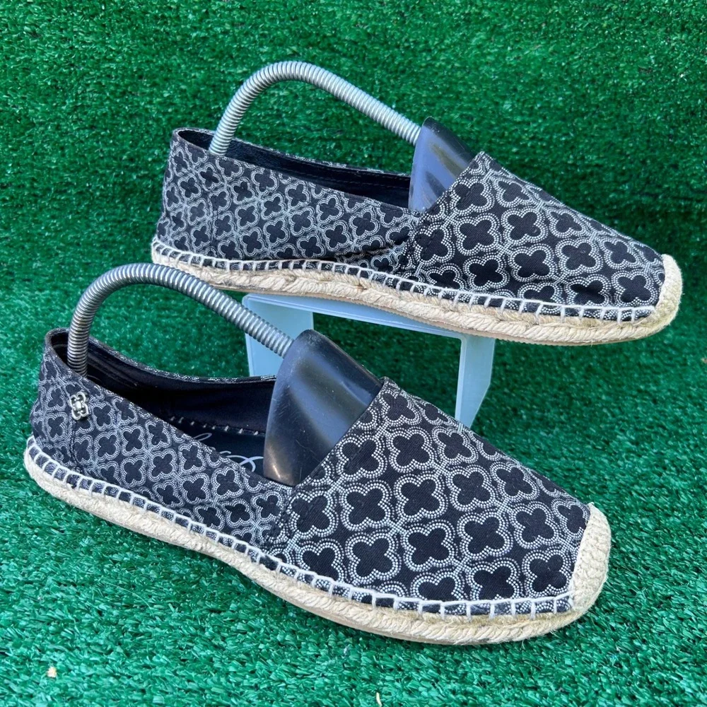 Brighton‎ Avila Espadrille Flats Womens 10 Black White Quatrefoil Slip On Shoes